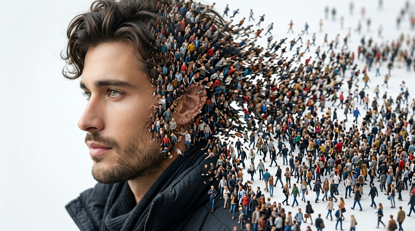 Surreal double exposure crowd dissolve portrait