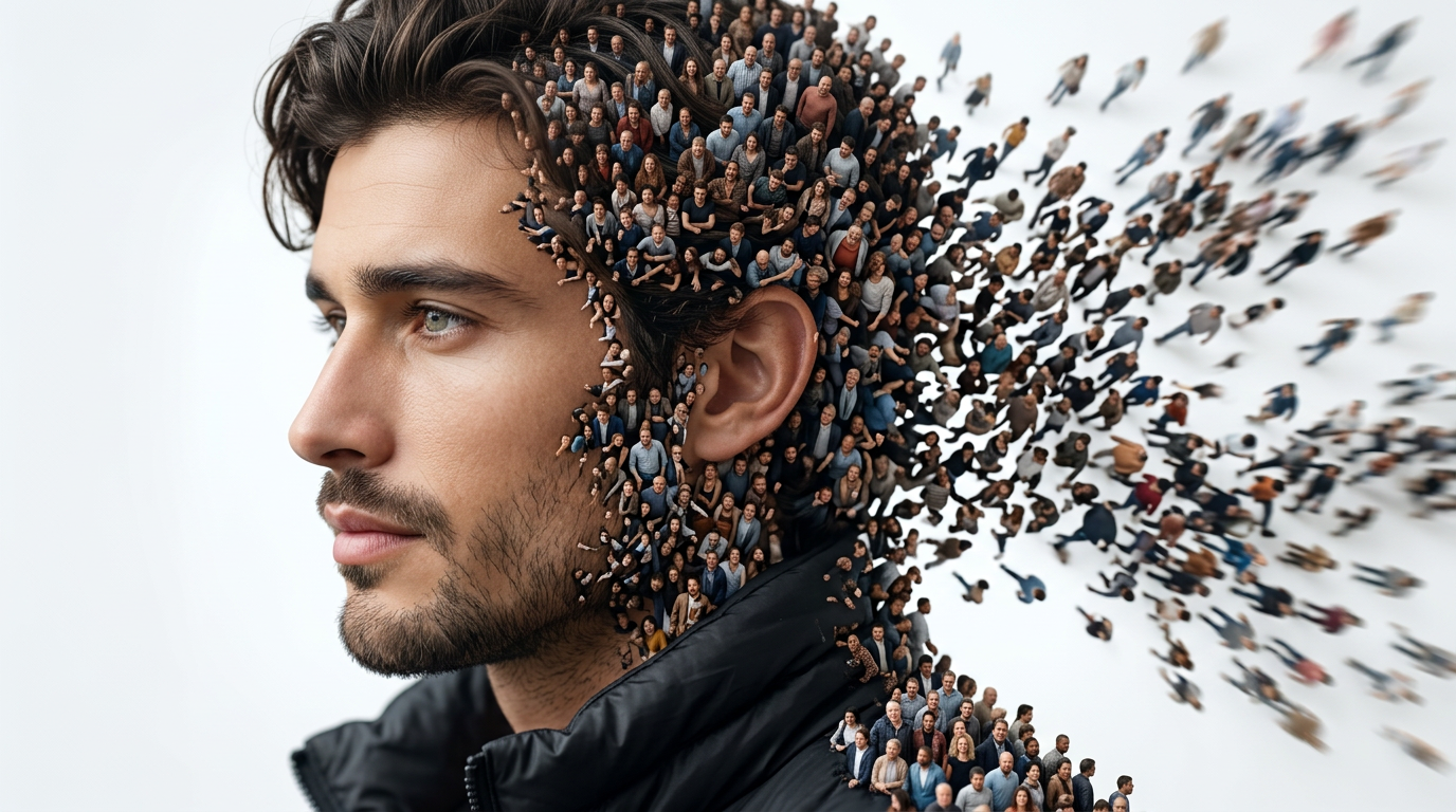 Surreal double exposure crowd dissolve portrait