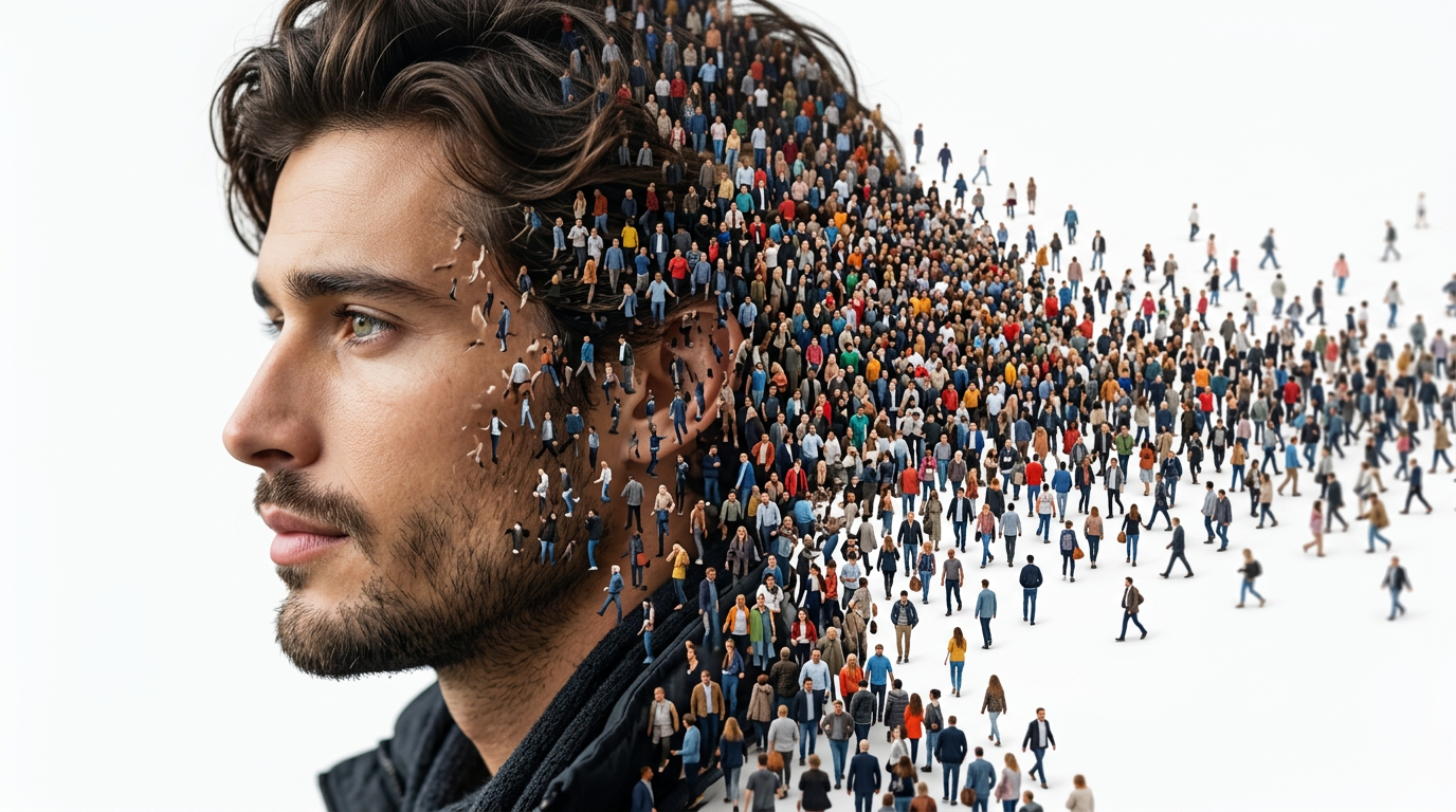 Surreal double exposure crowd dissolve portrait