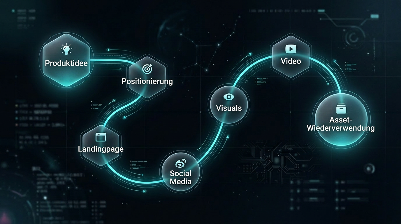 Launch-Workflow von Produktidee zu Positionierung, Landingpage, Visuals, Video, Social Media und Asset-Wiederverwendung