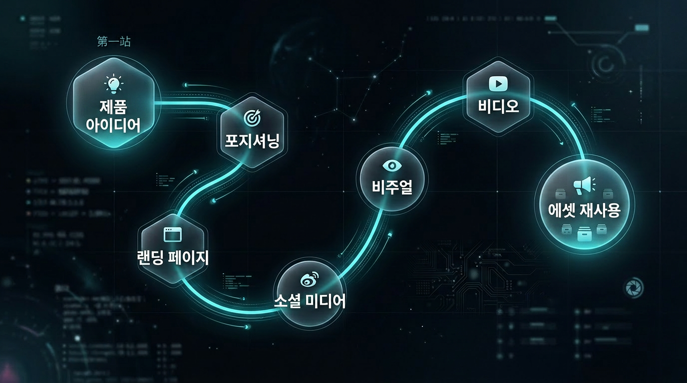 제품 아이디어에서 포지셔닝, 랜딩 페이지, 비주얼, 영상, 소셜 미디어, 자산 재사용으로 이어지는 출시 워크플로