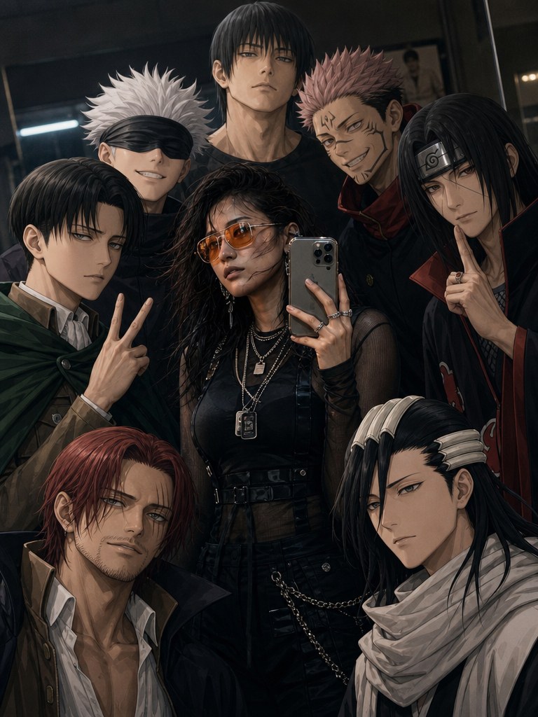 Anime mirror selfie with cast