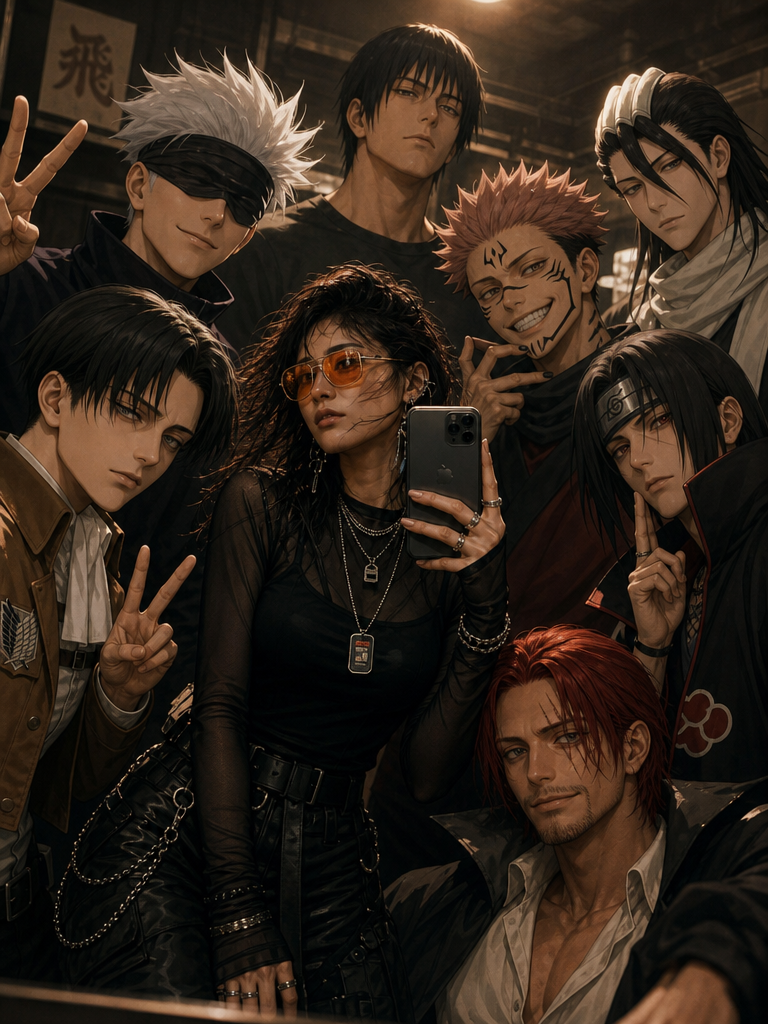 Anime mirror selfie with cast