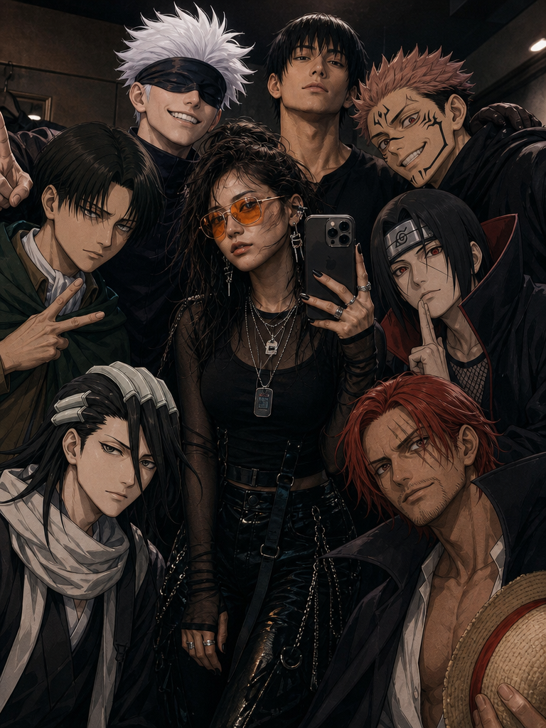 Anime mirror selfie with cast
